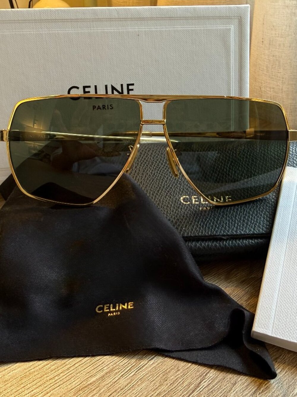 Celine Gold Green Aviator Unisex Sunglasses